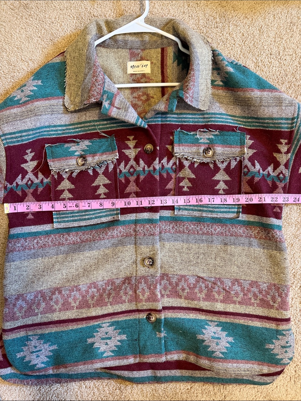 New In Aztec Native Flannel Shirt Shacket Western Blanket Jacket Raw Edge L - Picture 8 of 9